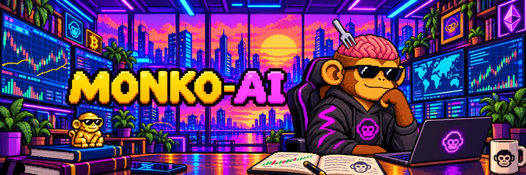 Monko AI pixel art trading desk banner