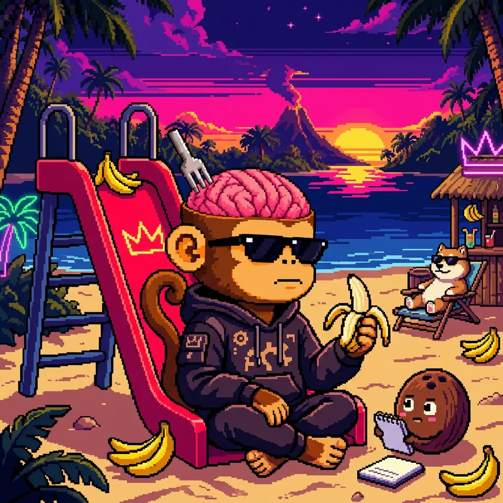 Monko relaxing on a neon beach